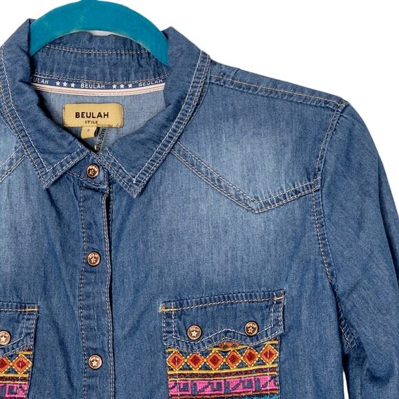 Beulah Embroidered Chambray Denim Button Up Shirt Size Small - Picture 5 of 7